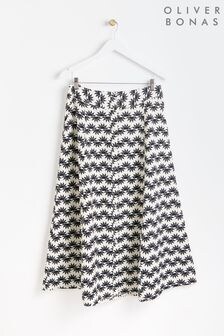 Oliver Bonas White Sun Print Midi Skirt With Linen (E07653) | $111