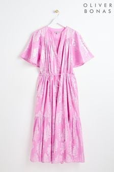 Розовое платье миди с лиственным принтом Oliver Bonas (E07688) | €126