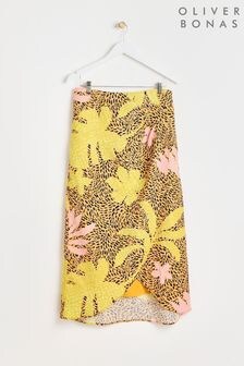 Oliver Bonas Yellow Palm Print Midi Skirt With Linen (E07718) | $111