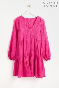 Oliver Bonas Pink Textured Tiered Mini Dress (E07724) | €99