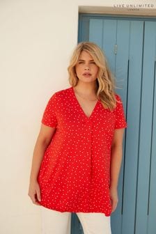 Live Unlimited Red Curve Spot Print Jersey Pleat Front Top (E07828) | kr584