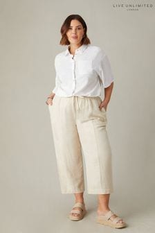 Live Unlimited Natural Curve Linen Mix Wide Leg Seamed Cropped Trousers (E07845) | SGD 114