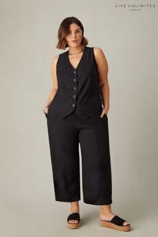 Live Unlimited Curve Linen Mix Wide Leg Seamed Cropped Black Trousers (E07850) | €67