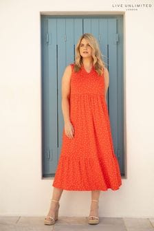 Live Unlimited Red Curve Spot Jersey Sleeveless Midi Dress (E07852) | SGD 114