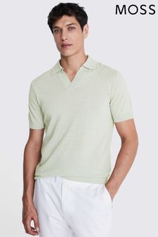MOSS Light Sage Green Linen Blend Skipper Polo Shirt