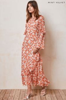 Mint Velvet Orange Floral Print Ruffle Maxi Dress (E07945) | €264