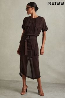 Reiss Chocolate Essie Mesh Utility Belted Midi Dress (E08140) | $350