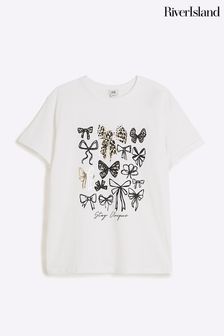 River Island White Girls Graphic Leopard Bow T-Shirt (E08741) | KRW29,900