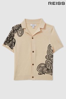 Reiss Off White/Black Romance Senior Jersey Embroidered Cuban Collar Shirt (E08792) | $85