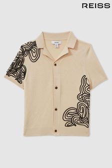 Reiss Off White/Black Romance 9-13 yrs Jersey Embroidered Cuban Collar Shirt (E08792) | $85