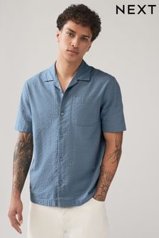 Blue Seersucker 100% Cotton Short Sleeve Shirt with Cuban Collar (E09048) | $47