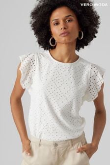 VERO MODA White Frilled Sleeve Broderie Top (E09269) | AED100