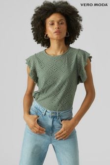 VERO MODA Green Frilled Sleeve Broderie Top (E09270) | AED100