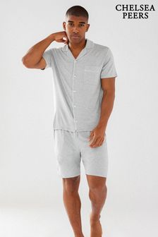 Chelsea Peers Grey Mens Modal Button Up Short Pyjamas Set (E09421) | $69