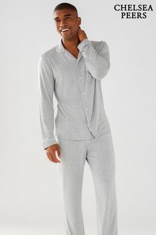 Chelsea Peers Grey Mens Modal Button Up Long Pyjamas Set (E09424) | kr649