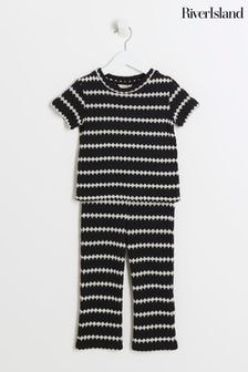 River Island Black Girls Crochet Stripe 100% Cottton Top And Trouser Set (E09789) | $38