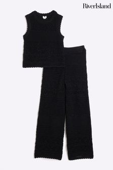 River Island Black Girls Crochet 100% Cotton Top And Trousers Set (E09814) | $60 - $79