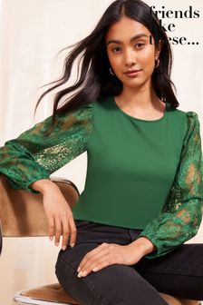 Friends Like These Green 2 in 1 Satin and Lace Long Sleeve Blouse (E10369) | $55