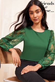 Friends Like These Green Jersey Lace Long Sleeve Blouse (E10369) | $55