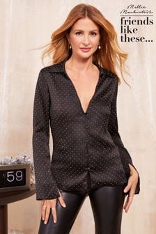 Friends Like These Black Long Sleeve Hot Fix Satin Shirt (E10373) | $62