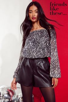 Friends Like These Black Zebra Sequin Crew Neck Long Sleeve Blouse (E10447) | $88