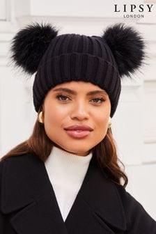 Lipsy Black Cosy Ribbed Double Pom Beanie Hat (E10595) | $22