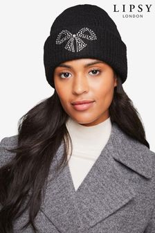 Lipsy Black Bow Cosy Embellished Beanie Hat With Wool (E10610) | $24