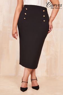 Curves Like These Black Button Front Scuba Midi Skirt (E10736) | HK$329