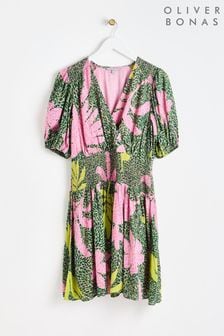 Oliver Bonas Green Palm Print Shirred Mini Dress (E10893) | €106