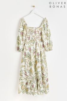 Oliver Bonas White Tropical Paisley Shirred Midi Dress (E10895) | $154