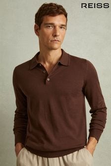 Reiss Treacle Brown Trafford Merino Wool Polo Shirt (E11078) | HK$1,410