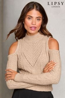 بيج - Lipsy Cold Shoulder Cable Knitted Jumper (E11119) | ر.ق171