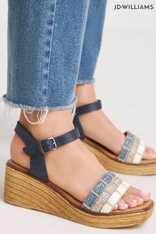 JD Williams Blue Leather Wedge Sandals With Raffia Detailing in Wide Fit (E11815) | €50