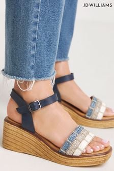 Jd Williams Blue Leather Wedge Sandals With Raffia Detailing In Extra Wide Fit (E11820) | 209 LEI