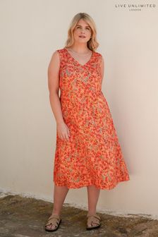 Live Unlimited Curve Orange Multi Floral Sleeveless Midi Dress