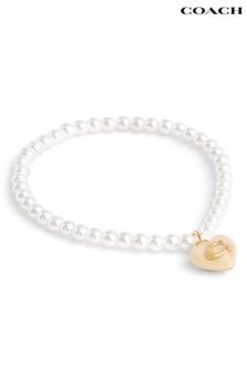 COACH Gold Tone Signature Heart Charm Pearl Bracelet (E12415) | AED416