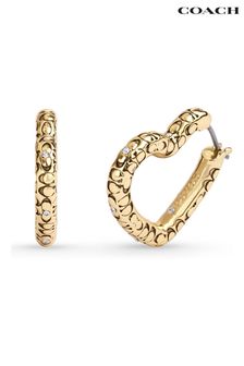 COACH Gold Tone Signature Quilted Heart Hoop Earrings