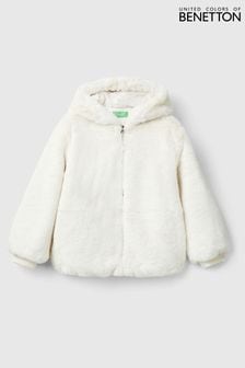 Benetton Cream Smooth Faux Fur Hooded Jacket Long Sleeved With Ribbed Cuff And Logo Zip (E12513) | $103