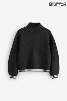 Benetton High Neck Black Sweater In Fishermans Rib With Contrasting Edges (E13062) | BGN 129