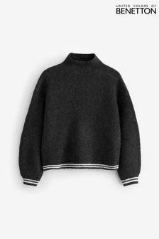 Benetton High Neck Black Sweater In Fishermans Rib With Contrasting Edges (E13062) | $69