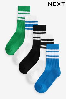 Bleu/Vert/Blanc - Cushioned Footbed Cotton Rich Ribbed Socks 5 Pack (E13104) | €8 - €12