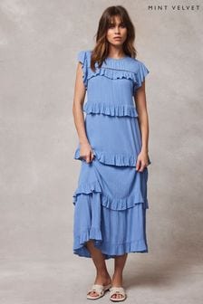 Mint Velvet Blue Ruffle Midi Dress (E13404) | $221