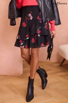 Love & Roses Black Printed Floral Tiered Ruffle Mini Skirt (E13547) | $62