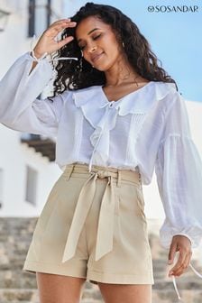 Sosandar Natural Relaxed Fit Belted Cotton Shorts (E13599) | $92