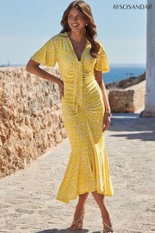 Sosandar Yellow Spot Print Ruchded Front Frill Hem Jersey Midaxi Dress (E13630) | 371 QAR