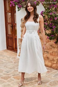 Sosandar White Fit & Flare Belted Midi Dress With Pockets (E13635) | AED527