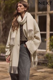 Cream - Premium Handsewn Wool Rich Scarf Coat (E13689) | 238 €