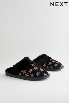 Black/Gold Stars Suede Mule Slippers (E13760) | $36