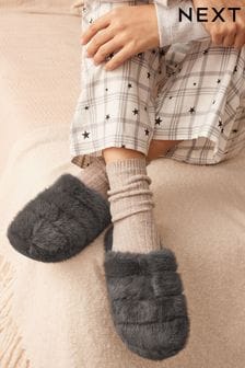 Charcoal Grey Faux Fur Quilted Flatform Mule Slippers (E13766) | $21