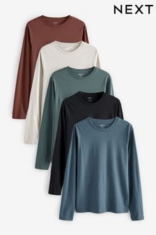 Black/Green/Navy/Brown/Grey Regular Fit Long Sleeve 100% Cotton T-Shirts 5 Pack (E13885) | $74